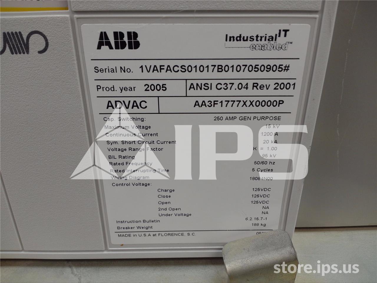 1200 Amps ABB Advac Aa3f1777xx0000p Model 3 (advac Model 3) 125 Volts DC Control, 20k Amps Sc - Image 4