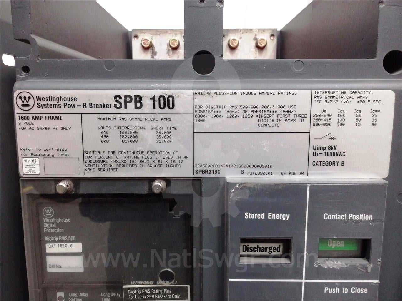 1600 Amps WH Spb-100 Eo/do (spb100) 120 Volts AC Control, Digitrip Rms 500 Lsi, 1600 Amps Rp, 1600 Amps Ct - Image 6