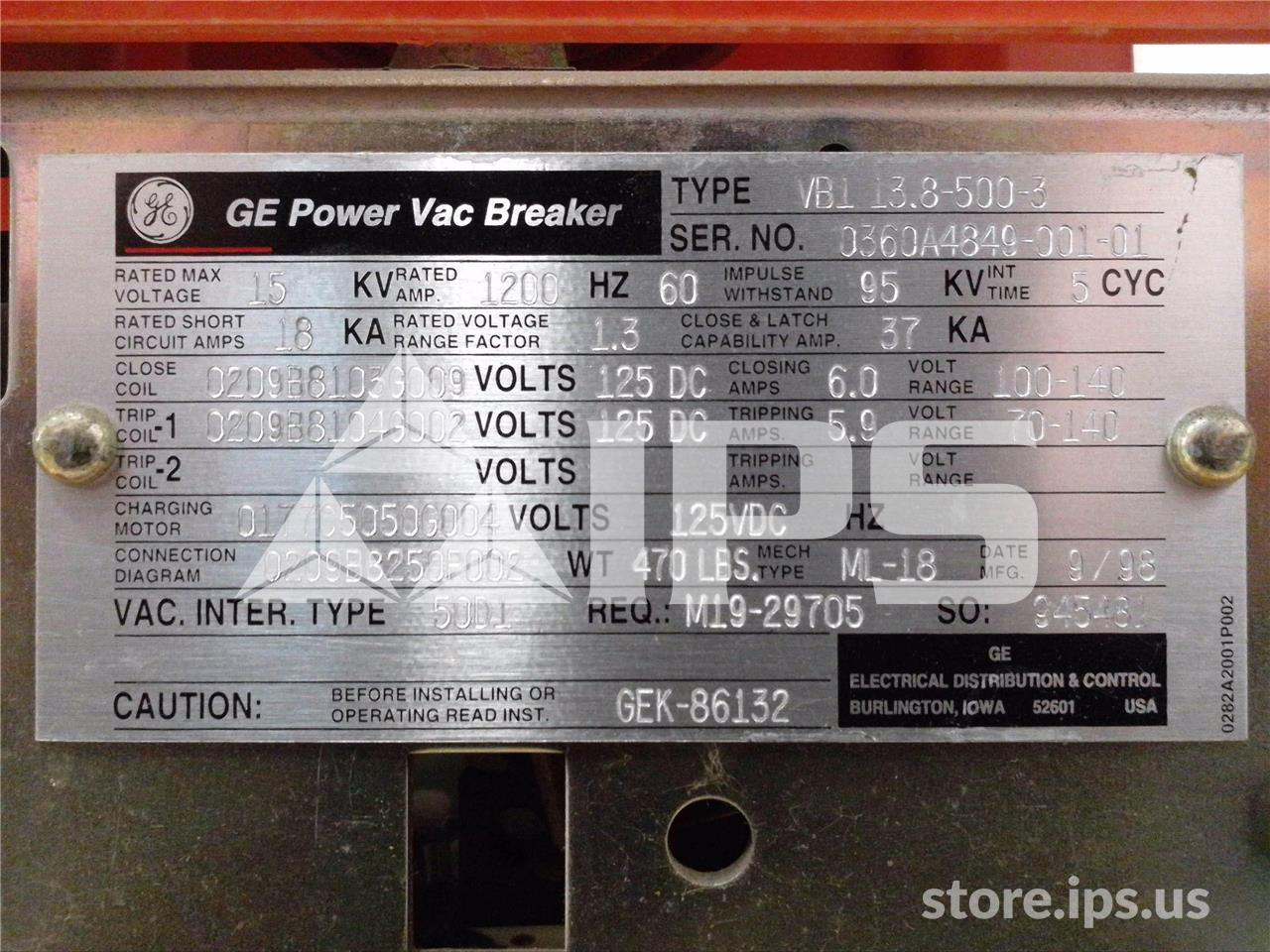 1200 Amps GE Vb1 13.8-500-3 Ml-18 (vb1 13.8-500) 125 Volts DC Control, 18k Amps Sc, Bottle# 50d1 - Image 4