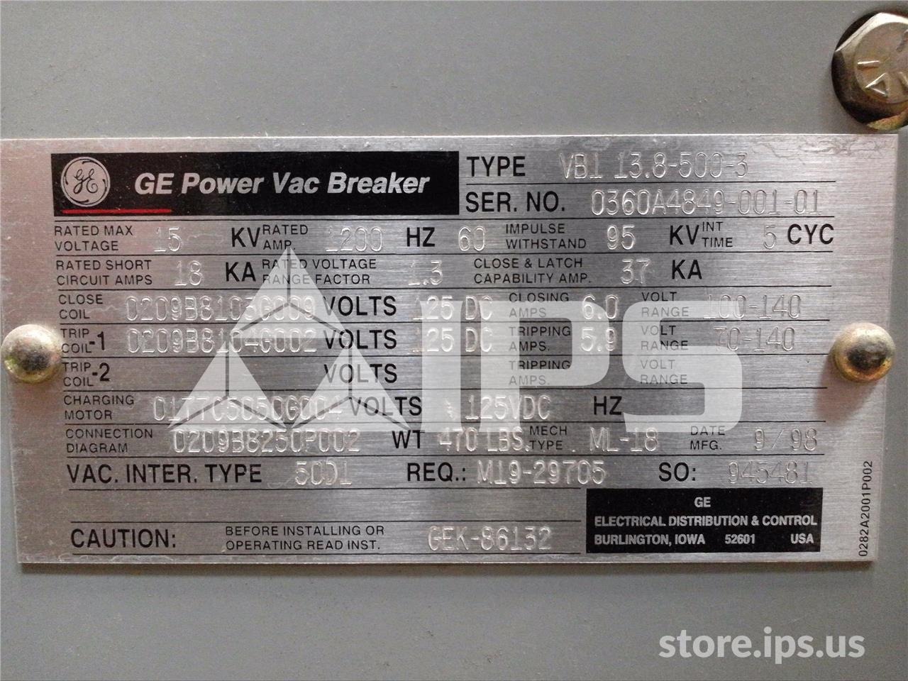 1200 Amps GE Vb1 13.8-500-3 Ml-18 (vb1 13.8-500) 125 Volts DC Control, 18k Amps Sc, Bottle# 50d1 - Image 5