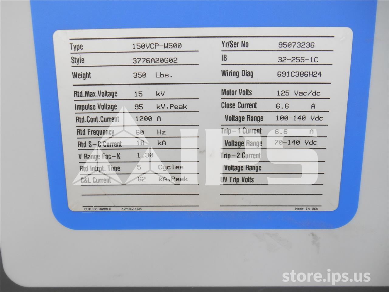 1200 Amps WH 150vcp-w 500 (150vcp-w 500) 125 Volts DC Control, 18k Amps Sc, Bottle# Wl34535b - Image 3