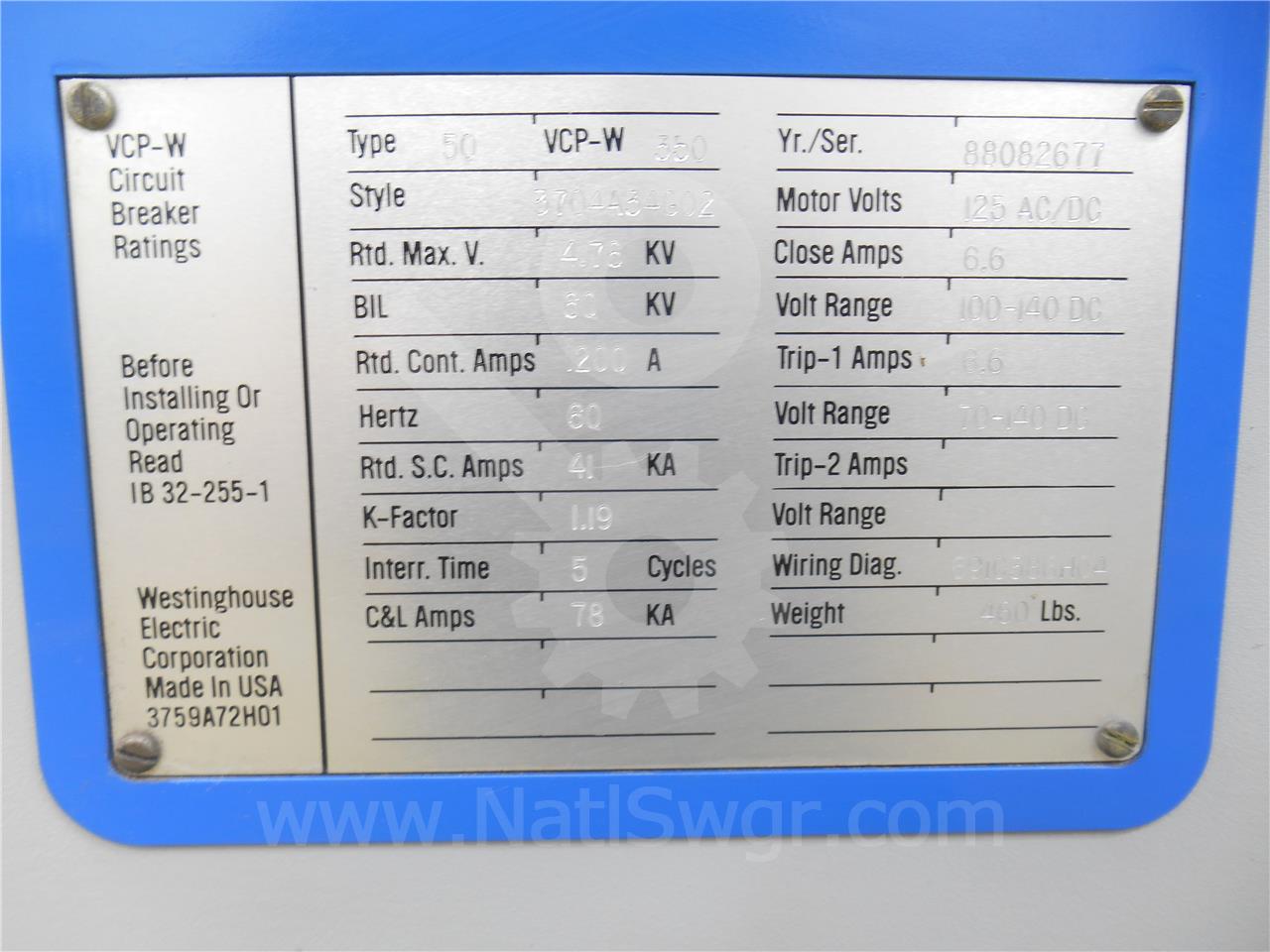 1200 Amps WH 50vcp-w350 (50vcp-w 350) 4.76 KV 125 Volts DC Wl-34952 Bottles - Image 3