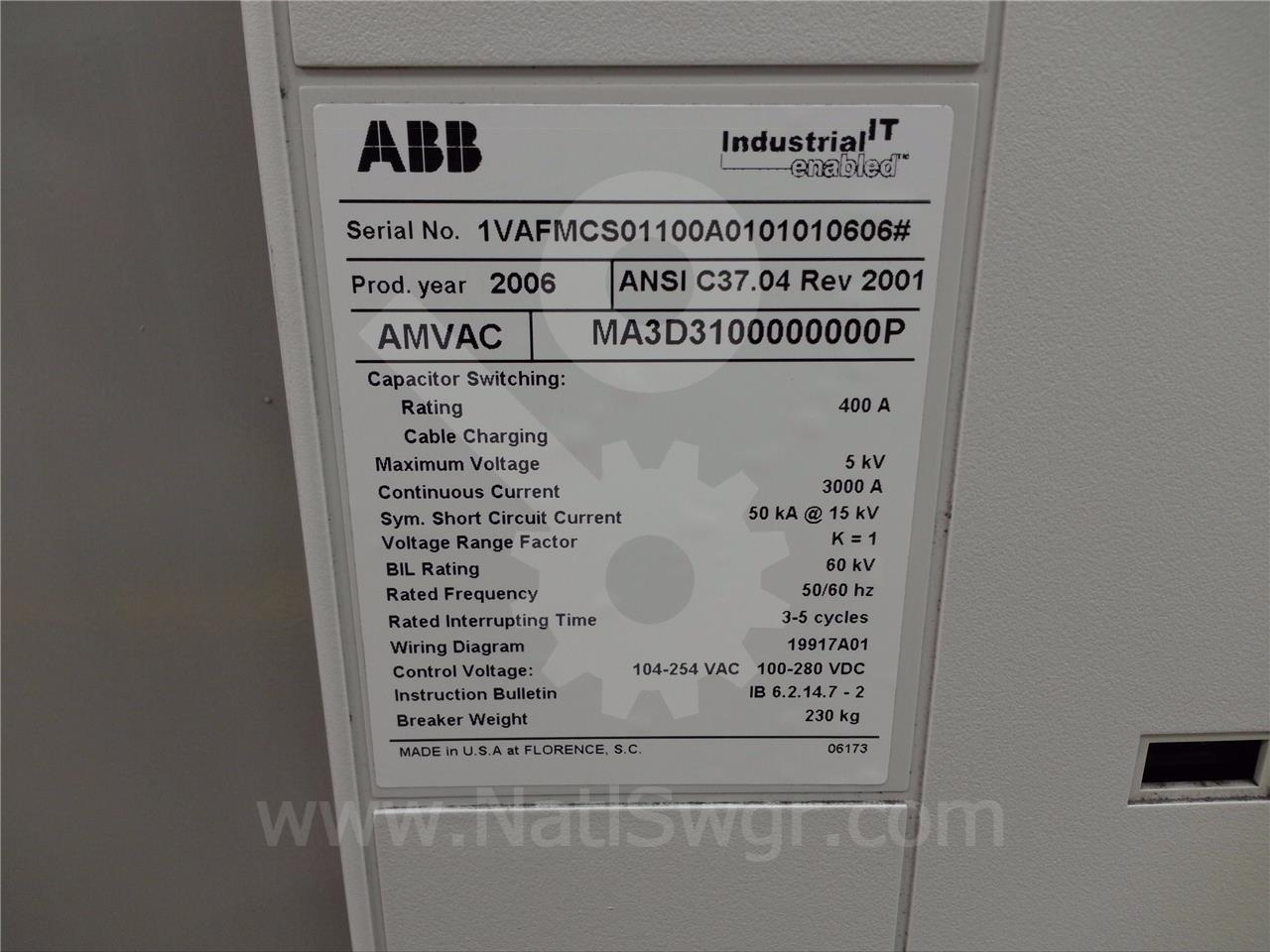 3000 Amps ABB Amvac Ma3d3100000000p 125 Volts DC Control, Dual Secondary Disconnects With Undervoltage Trip - Image 6
