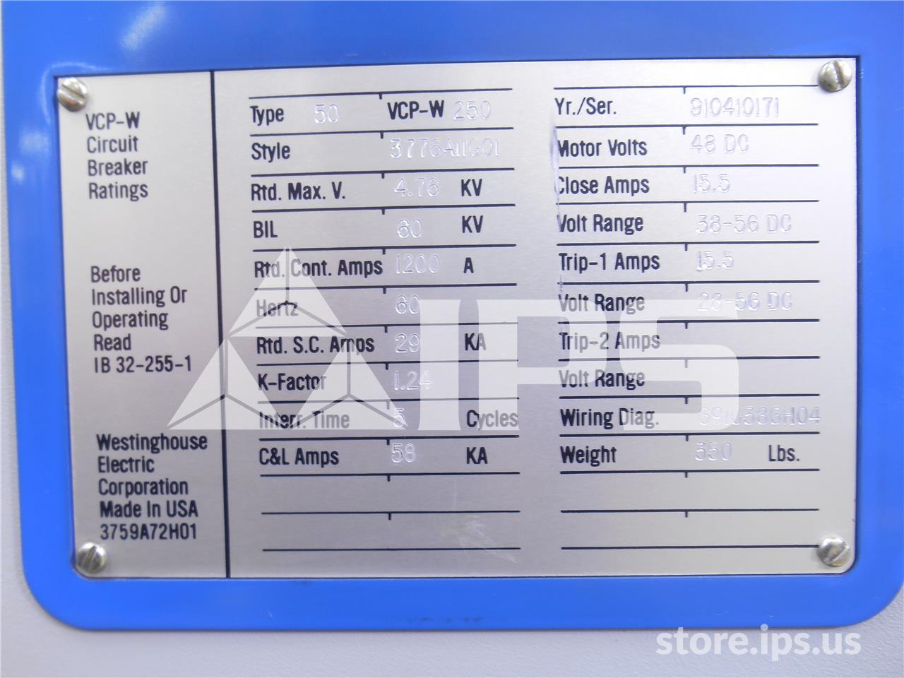 1200 Amps Ch 50vcp-w 250 Eo/do 48 Volts DC Control, 29k Amps Sc, Bottle# Wl34854a - Image 3