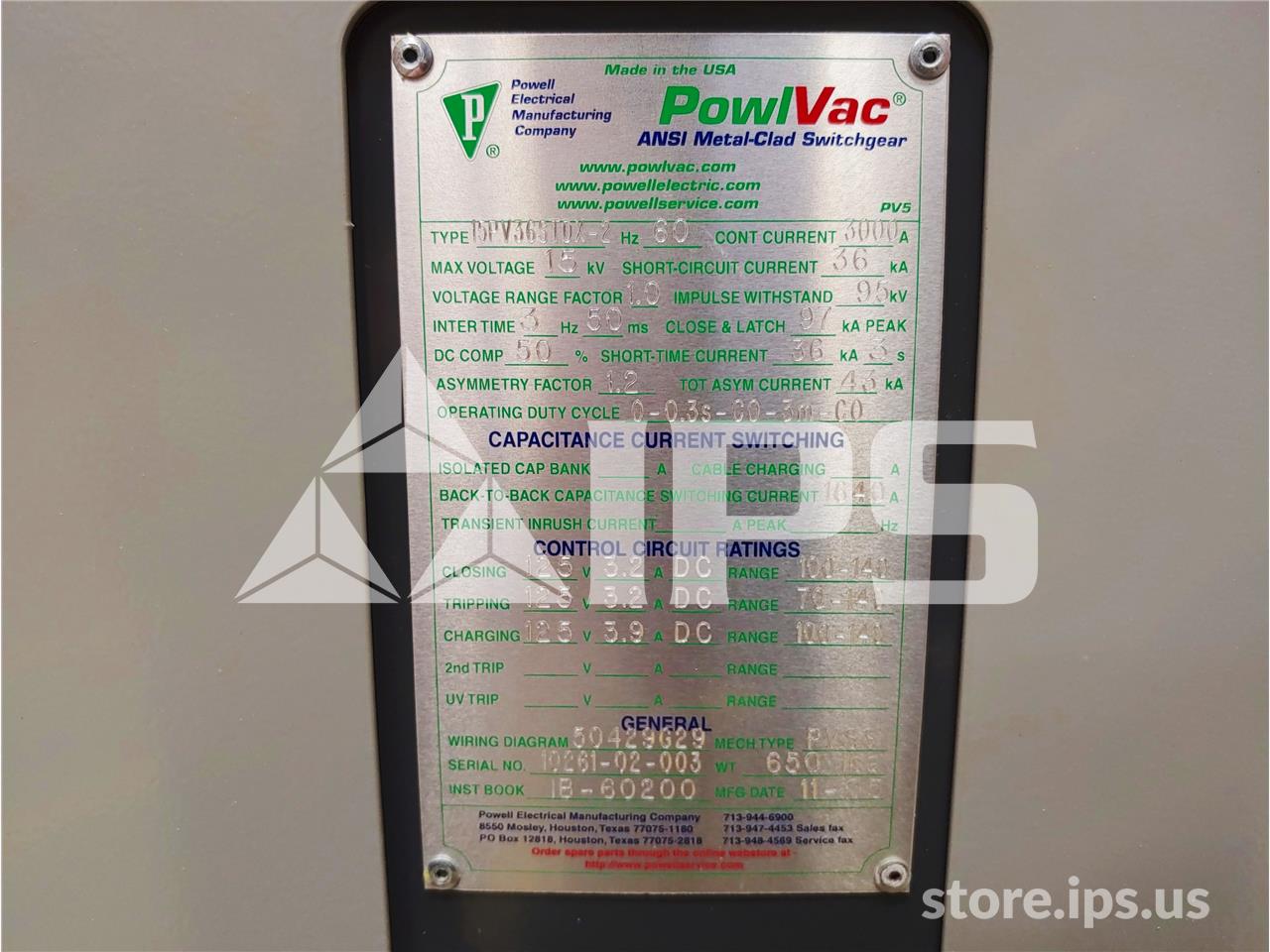 3000 Amps Pwl 15pv36stdx Pvs8 750mva/36k Amps Unused Surplus (15pv36) 125 Volts DC Control - Image 5