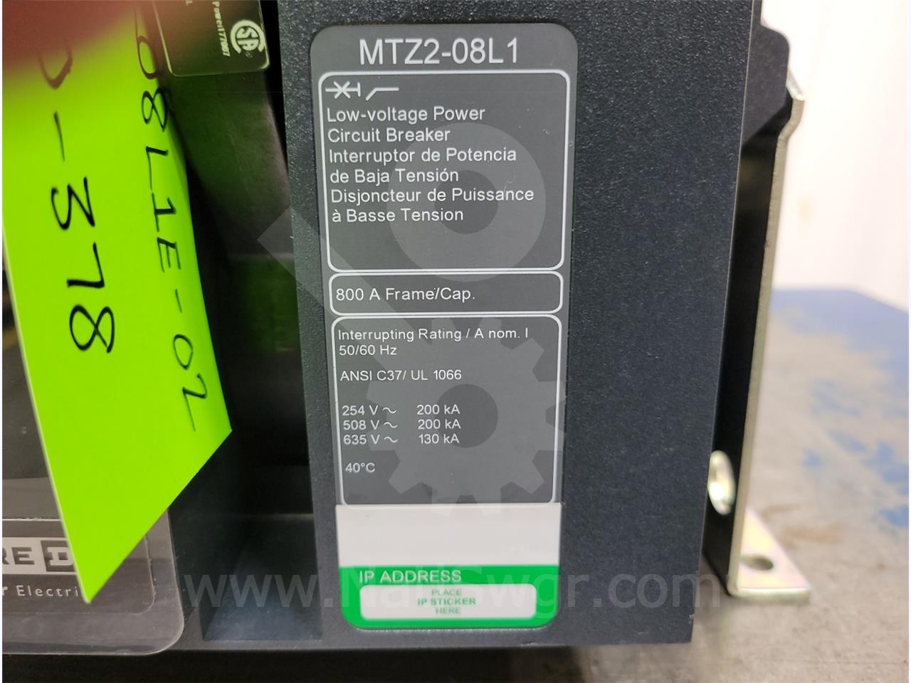 800 Amps Square D Masterpact Mtz2 08l1 Eo/do Unused Surplus (mtz208l1) 120 Volts AC Control, 24 Volts AC - Image 7