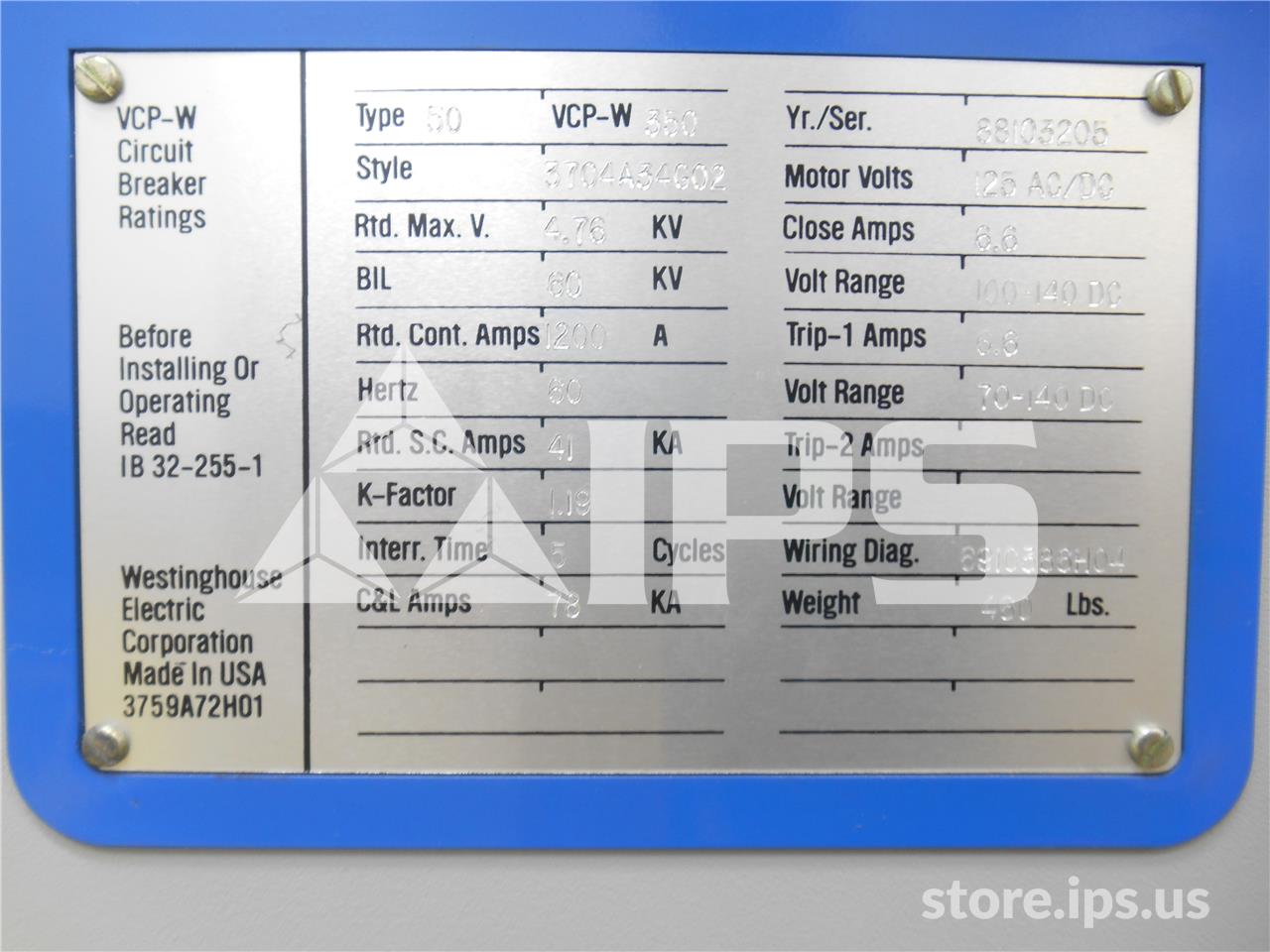 1200 Amps WH 50vcp-w 350 Eo/do Parts Unit, 4.76kv, 125vdc, Wl-34952 Bottles - Image 3