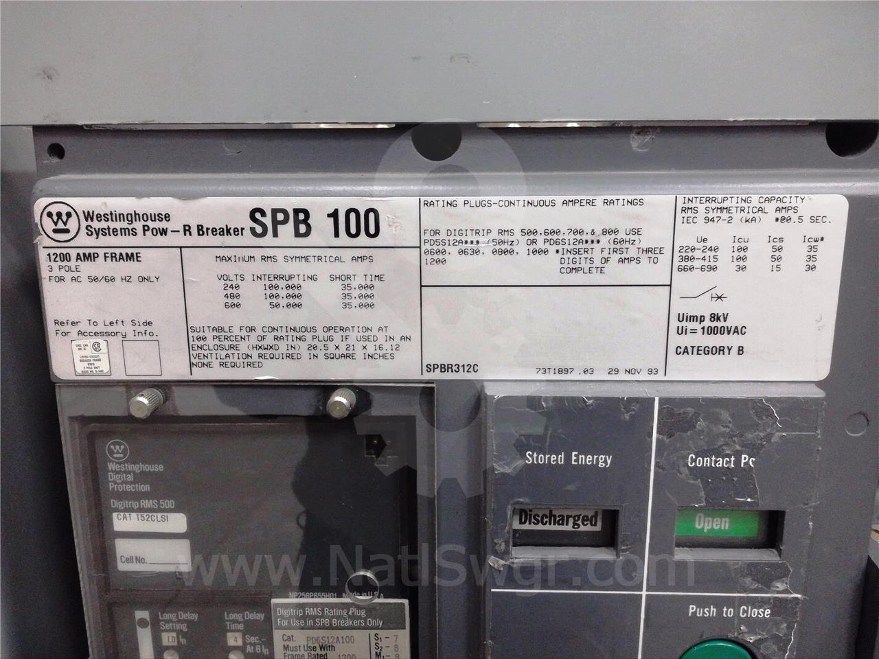 1200 Amps WH Spb-100 Eo/do (spb100) 120 Volts AC Control, Digitrip Rms 500 Lsi, 1200 Amps Rp, 1000 Amps Ct - Image 7
