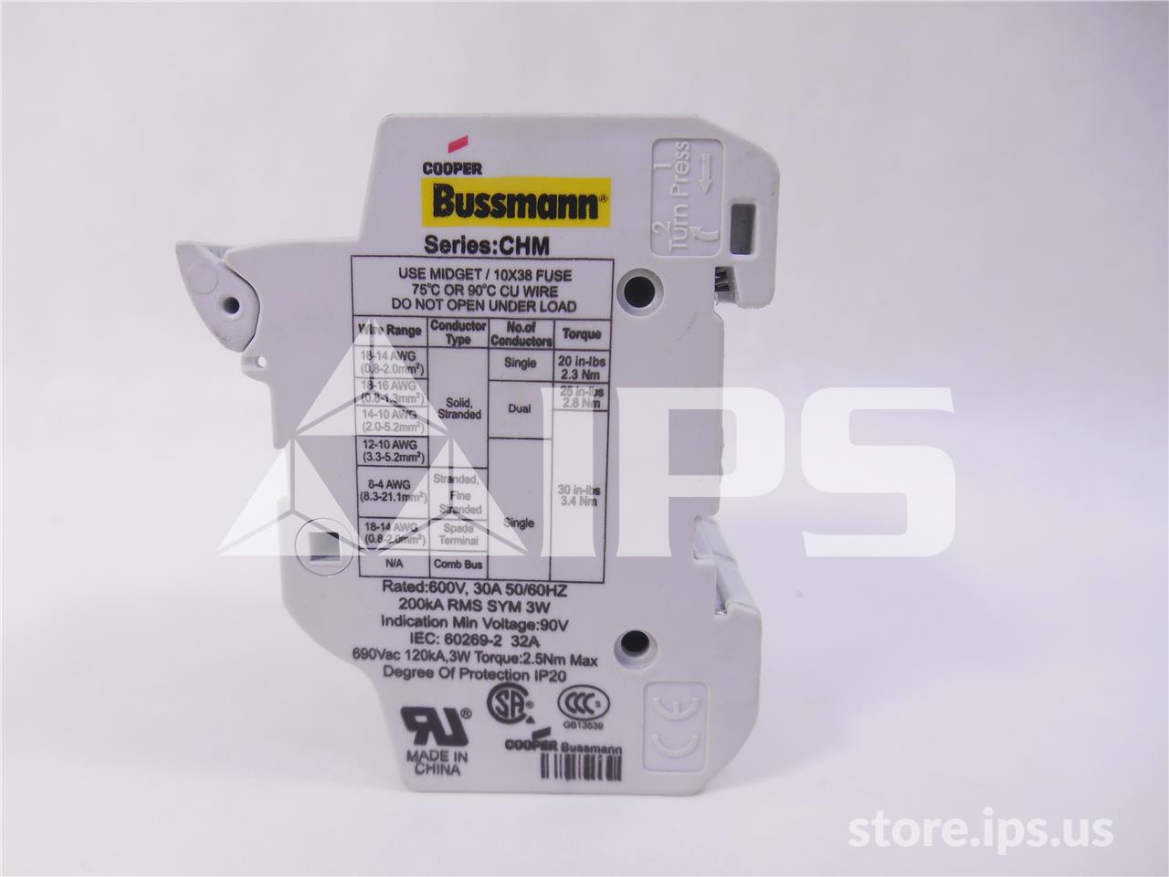 Bussman Chm 30 Amps Midget Fuse Holder 3 Pole, 600v, Din Rail Mount - Image 2