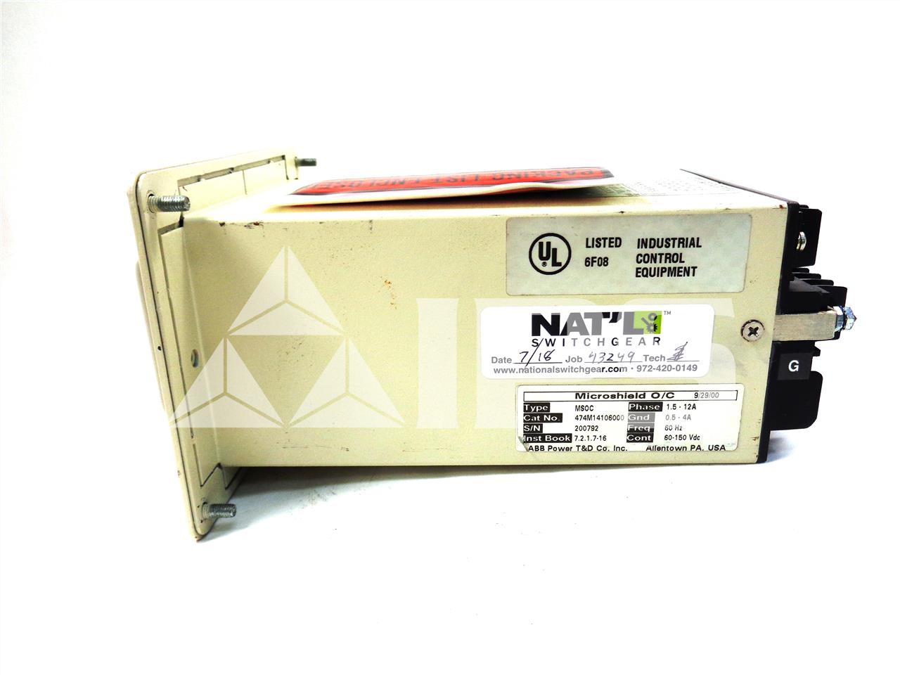 ABB 50/51 Microshield O/c Three Phase Over Current Relay 60-150vdc, 1.5-12 Amps Toc, 0.5-4 Amps Gnd - Image 3
