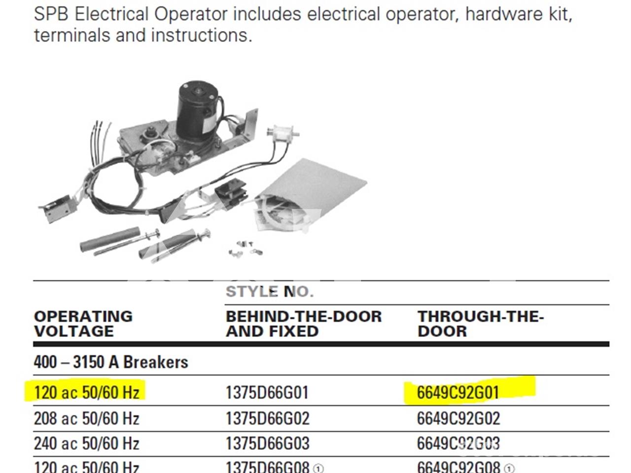 Ch 120 Volts AC Electrical Operator Kit For Spb 400-3150a, Through The Door Style - Image 1