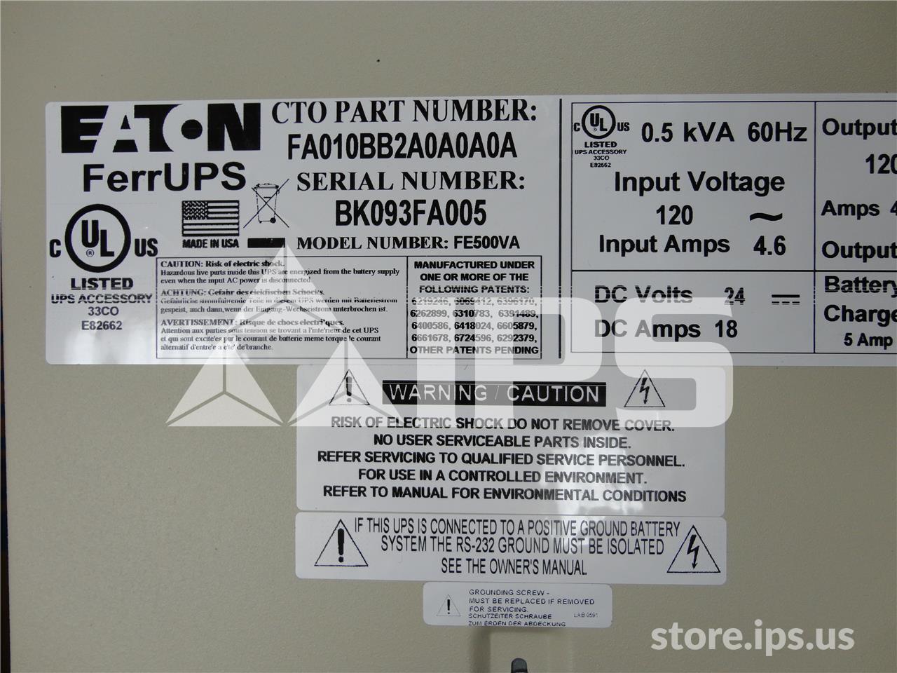 Eaton Uninterruptable Power Supply (ups) New Fe500va, 500va, 120v, 20m 5 - 15p, 4 Output, 5-15r - Image 1