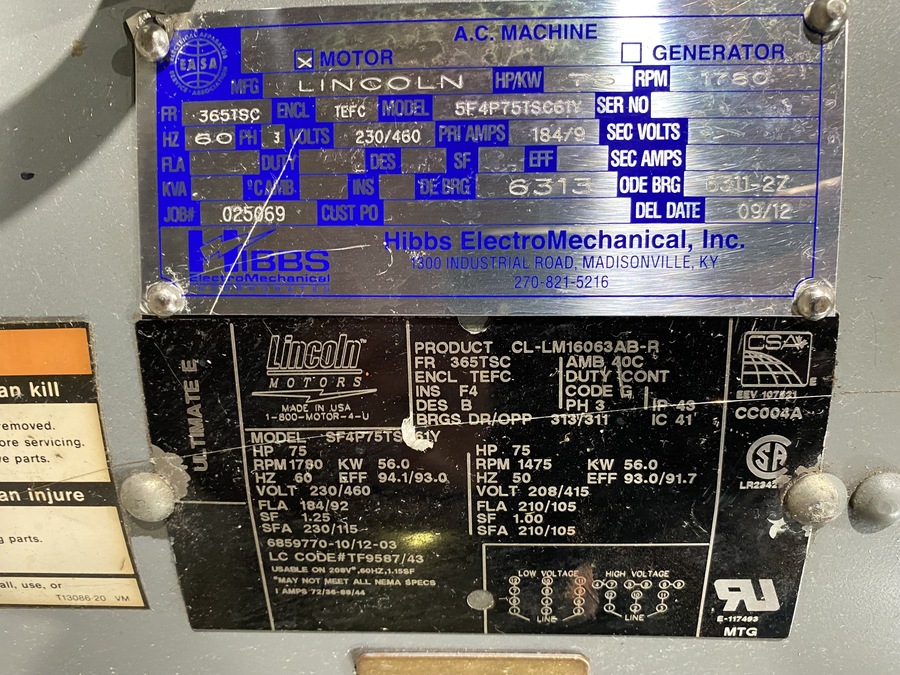 75 HP 1780 RPM Lincoln Heavy Duty, Frame 365TSC 230/460 Volts - Image 2