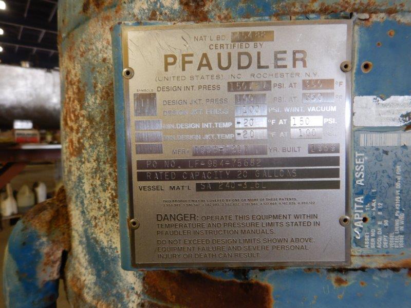 20 gallon Pfaudler, 316L Stainless Steel reactor, 150 psi/fv internal, 100 psi jacket - Image 4