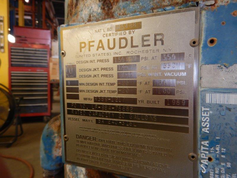 20 gallon Pfaudler, 316L Stainless Steel reactor, 150 psi/fv internal, 100 psi jacket - Image 10