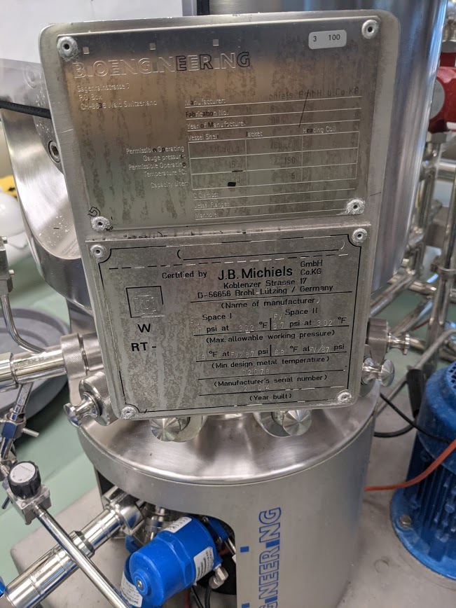 5 gallon J.B. Michiels (BioEngineering) 20 liter, 87 psi/fv, Stainless Steel bioreactor, 2004 - Image 3