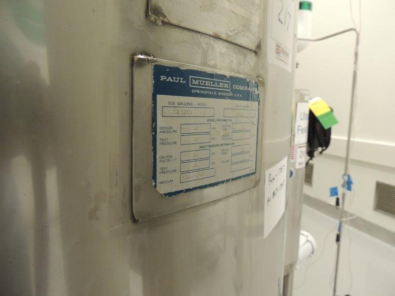 180 gallon Mueller, 750 liter 316L Stainless Steel jacketed pressure vessel, 50/125 psi, 1983 - Image 4