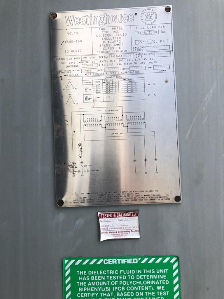 3125/3500 KVA 34500 Primary, 480 Secondary, Westinghouse, class OA, 1993 - Image 1