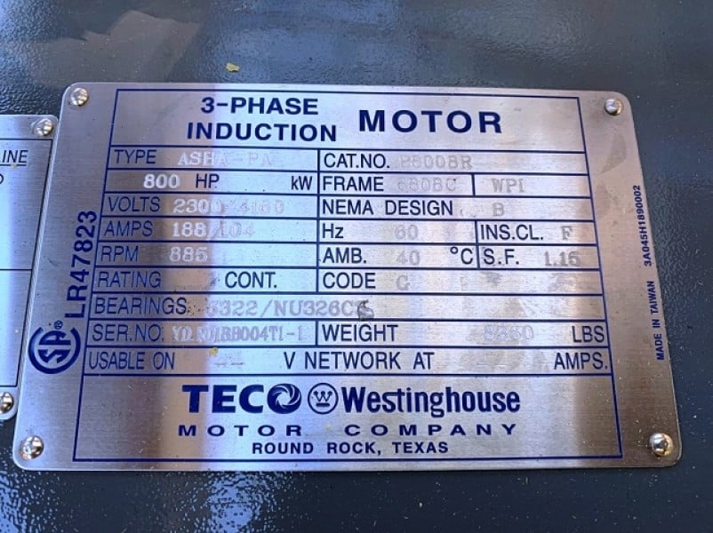 800 HP 900 RPM Teco, Frame 6808C, ODP, R/B, 2300/4160 Volts, P8008R, new surplus - Image 1