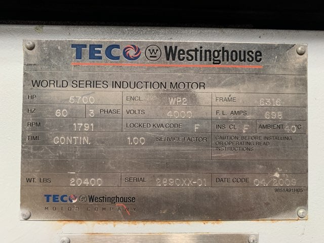 5700 HP 1800 RPM Teco Westinghouse, Frame 6316, WPIISB, 4000 Volts - Image 3