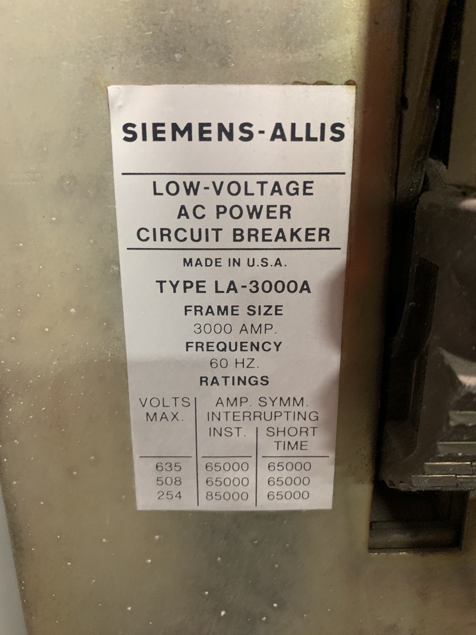 Siemens-Allis #LA-3000A, main tie single section, MO/DO, 480 Volts - Image 2