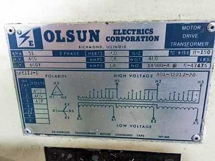 51 KVA 460 Primary, 460Y Secondary, Olsun, Motor Drive Transformer, 64 Amps - Image 1