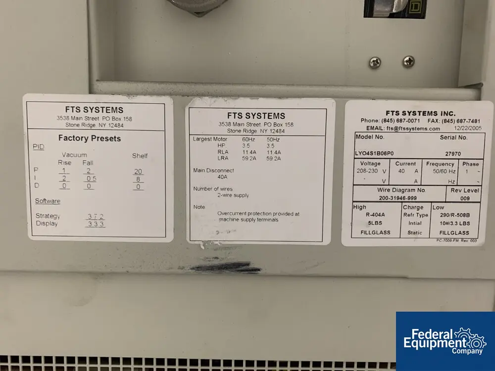 11" x 20" FTS #LYO4S1B06P0, freeze dryer, Type Lyostar II, 6.1 squaring ft., rated -70 to +60 c, R404a - Image 2