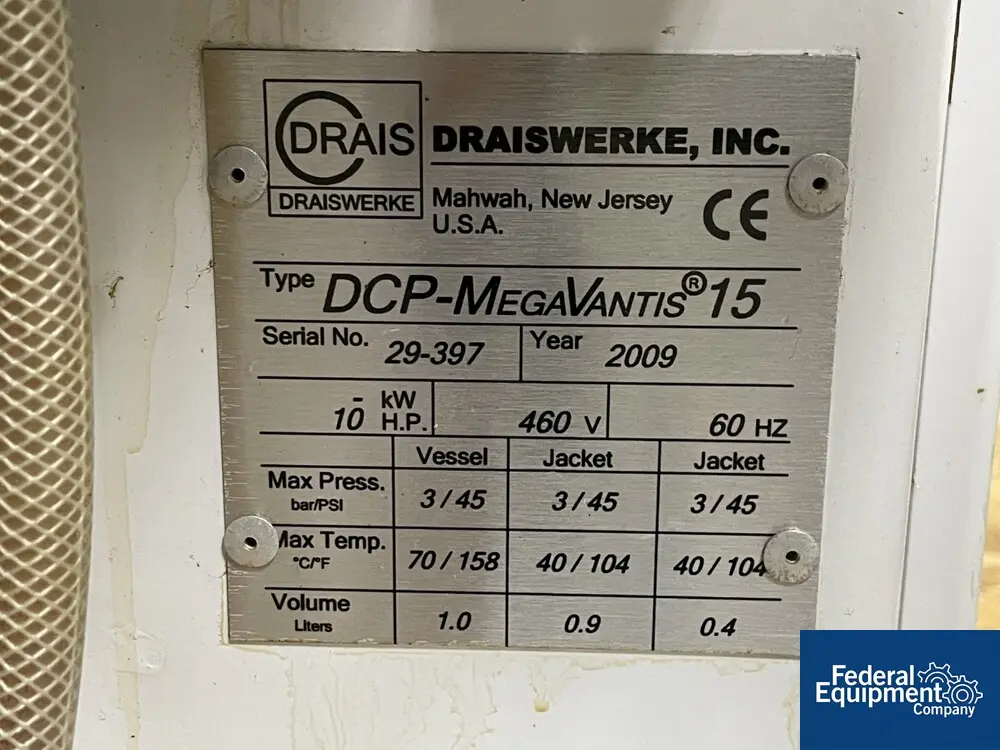 Draiswerke #DCP-MagaVantis 15, Pearl Mill, 1 liter jacketed grinding chamber, rated 3 bar at 70 c internal - Image 2