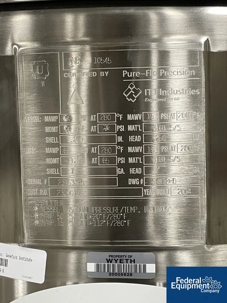 50/65 psi, ITT, Integrated Biosystems Cryovessel, 125 liter, 316L Stainless Steel, 20" x 30", 50/65# psi at - Image 2