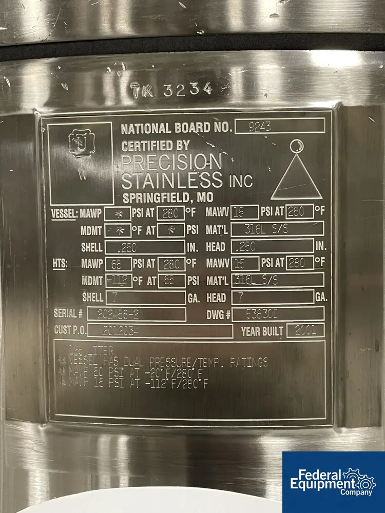 50/65 psi, Precision, Integrated Biosystems Cryovessel, 125 liter, 316L Stainless Steel, 20" x 30", 50/65# - Image 2
