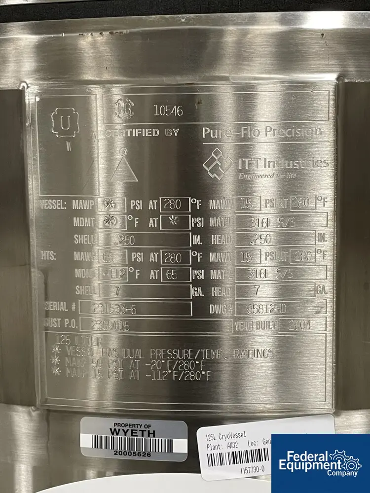 50/65 psi, ITT, Integrated Biosystems Cryovessel, 125 liter, 316L Stainless Steel, 20" x 30", 50/65# psi at - Image 2