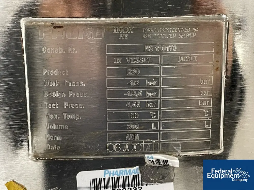 52 gallon Packo Mix Tank, Stainless Steel, 24" x 32", 6 psi at 212F, 55 kw agitator (no shaft), 230/400 volt - Image 2
