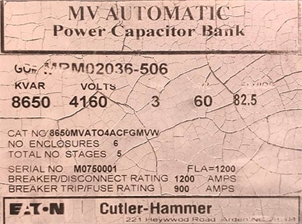 8650 KVAR EATON/CUTLER Cutler-Hammer, 4160 V, 10 STAGE, 21 - 350 KVAR SINGLE PHASE - Image 1