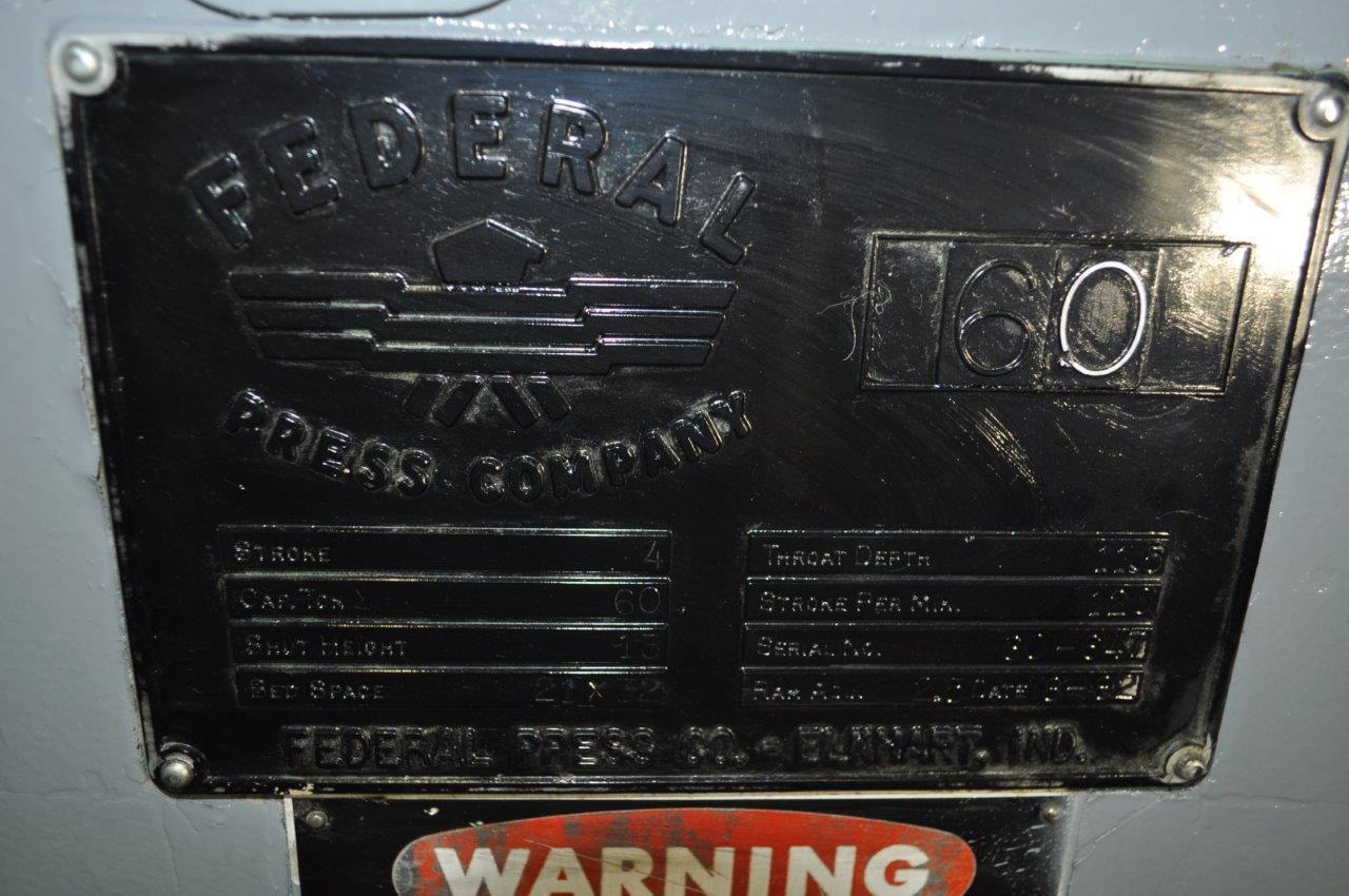 60 Ton, Federal #60, 4" stroke, 13" Shut Height, 2.5" adj., 32" x 21" bed, 120 SPM, air clutch & brake, 1982 - Image 10