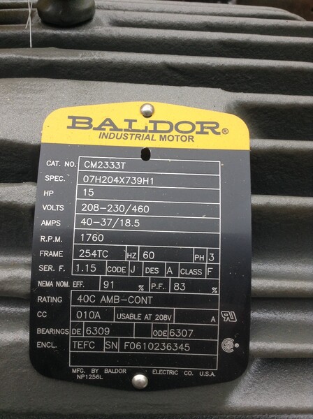 15 HP 1760 RPM Baldor, Frame 254TC, TEFC, new surplus, 230/460 Volts - Image 1