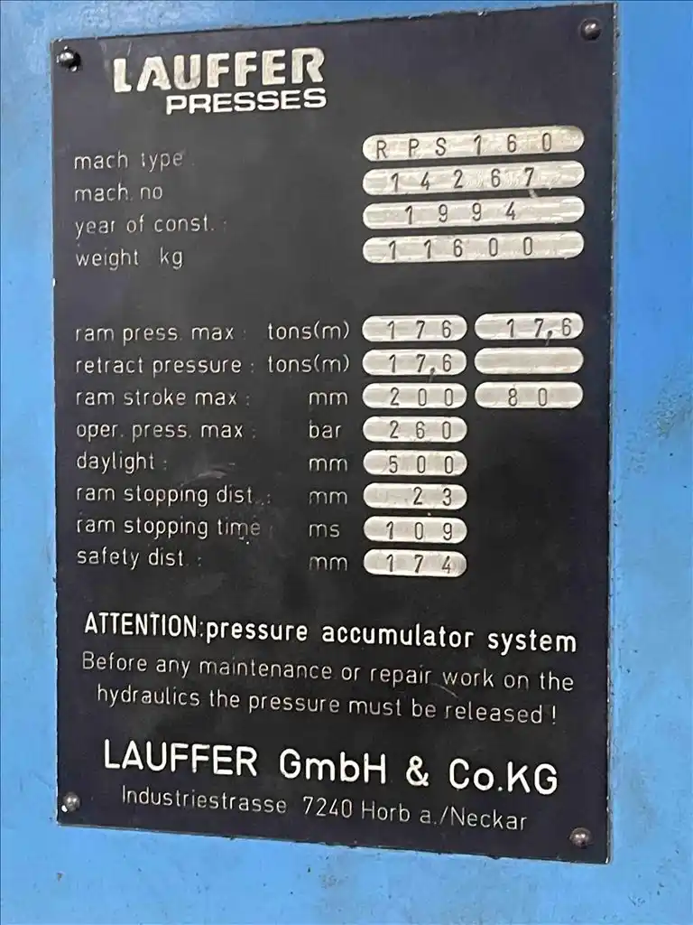 176 Ton, Lauffer #RPS160, hydraulic straight side press, 7.9" stroke, 19.7" daylight, S43011 - Image 10