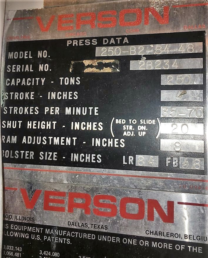 250 Ton, Verson #250-B2-84-48, Straight Side Double Crank, 4" stroke, 84" x 48" bed, 35-70 SPM - Image 10