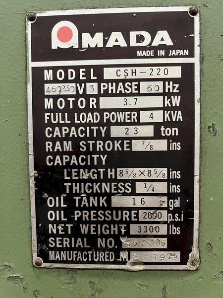 1/4" x 8-5/8" x 8-5/8" Amada #CSH-220, hyd notcher, 23 ton, 7/8" stroke variable speed, foot pedal, 1979 - Image 4