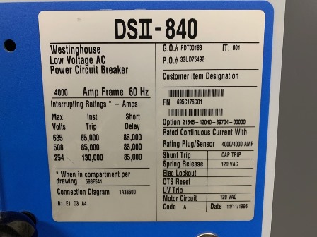 4000 Amps, Cutler-Hammer / W-HSE, DSII-840, electrically operated, drawout, LSG Air Circuit Breaker, 600 Volts - Image 2