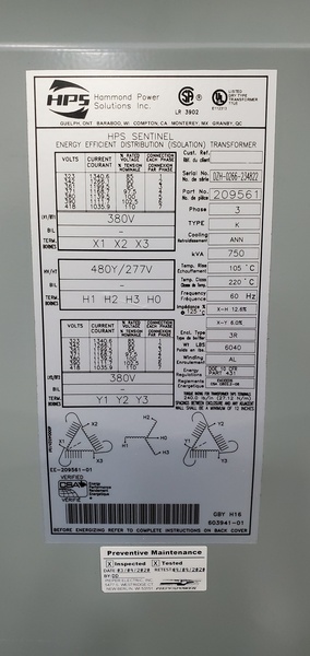 750 KVA 480Y/277 Primary, 380 Delta Secondary, Hammond, dry, 3R, taps 2+4-, AL wound - Image 1