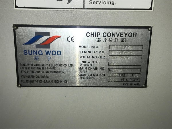 29" x 164" Sungwoo #VTC-16/20, chip conveyor, 220 V., 44" discharge height - Image 6