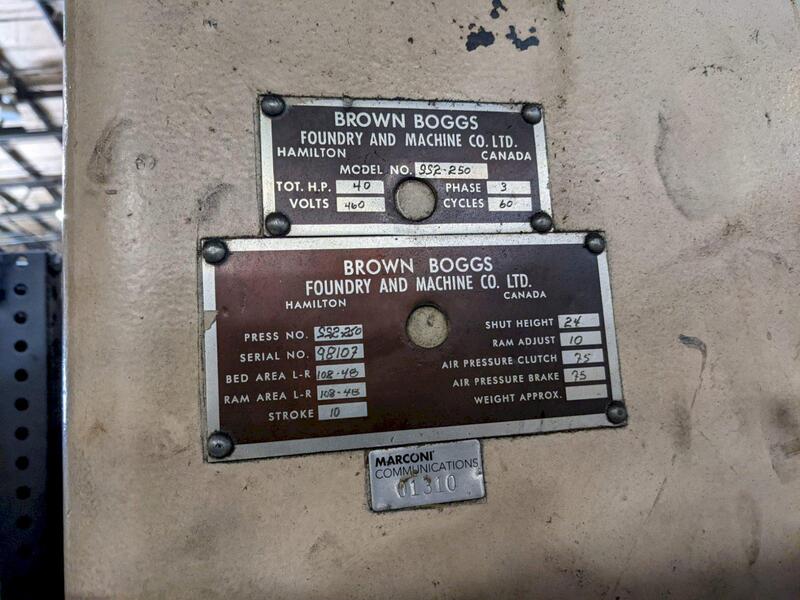 250 Ton, Brown & Boggs #SS2-250-108X48, 10" stroke, 24" Shut Height, 6" adj., air clutch & brake, 1998 - Image 6