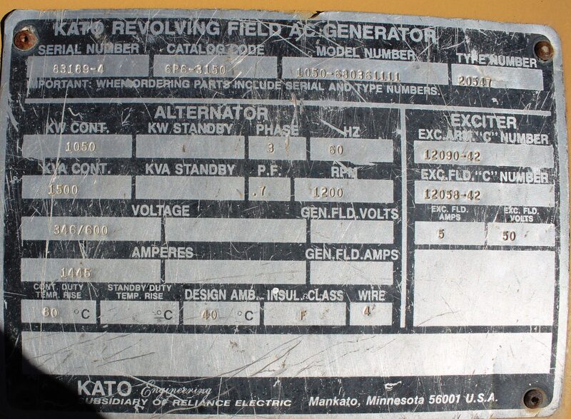1050 KW, 1200 RPM, Kato #6P6-3150-SCR, generator, rebuilt, sound attenuated enclosure 00 - Image 2