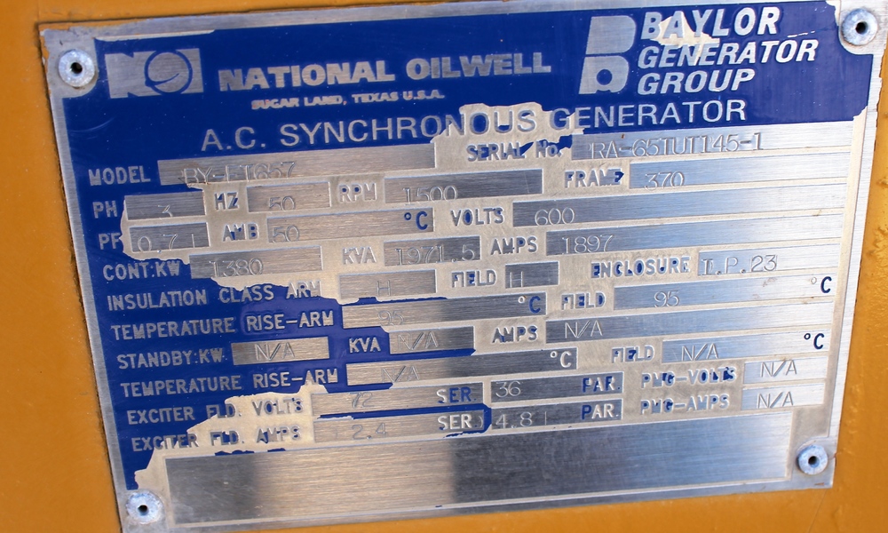 1600 KW, 1800 RPM, Baylor #BY-FT657, 600 Volts, 2 bearing - Image 2