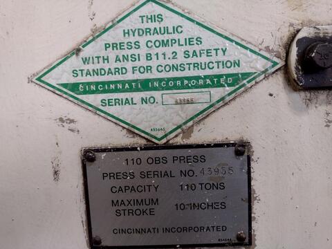 110 Ton, Cincinnati #OBS, hydraulic C-frame press, 10" stroke, #15962 - Image 3
