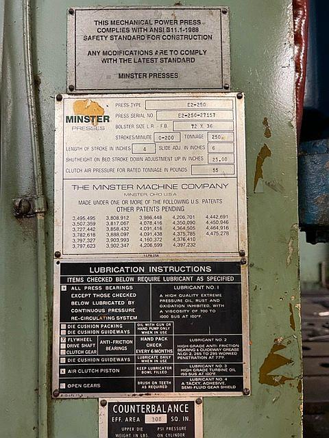 250 Ton, Minster #E2-250-72-36 Hevi-Stamper straight side press, 4" stroke, 25" Shut Height, air clutch, 1988 - Image 9