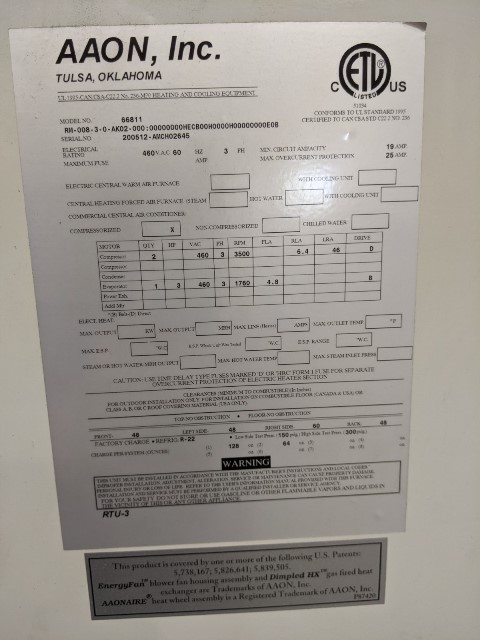 8 Ton, AAON #66711, 460VAC, 3500 RPM, 60hz., 3ph., 19 amp.min., 26 amp.max.overcurrent - Image 7