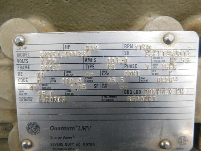 450 HP 1190 RPM General Electric, Frame 5013S, model 5KS513SAA353 severe duty AC motor, 2300 Volts - Image 8
