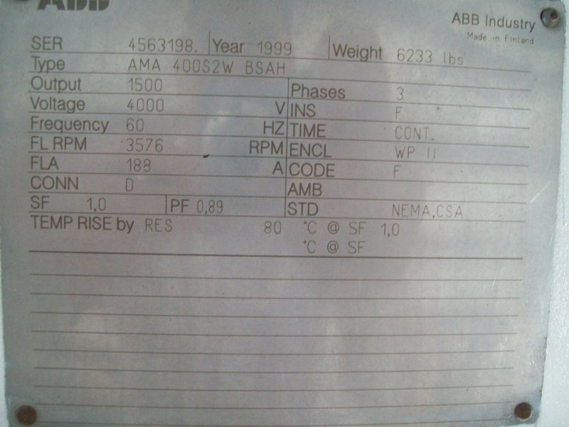 1500 HP 3600 RPM ABB, Frame 6800Z, weather protected encl. type 2, SB, 1.0SF, new surp, 2300/4160 V. - Image 1