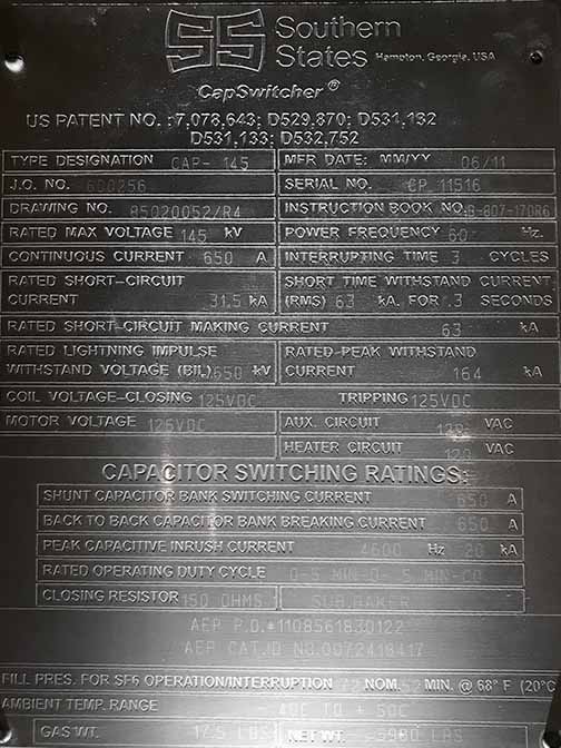 650 Amp. SOUTHERN STATES, CAP-145, 145000 Volts, SF6 CIRCUIT SWITCHER - Image 2